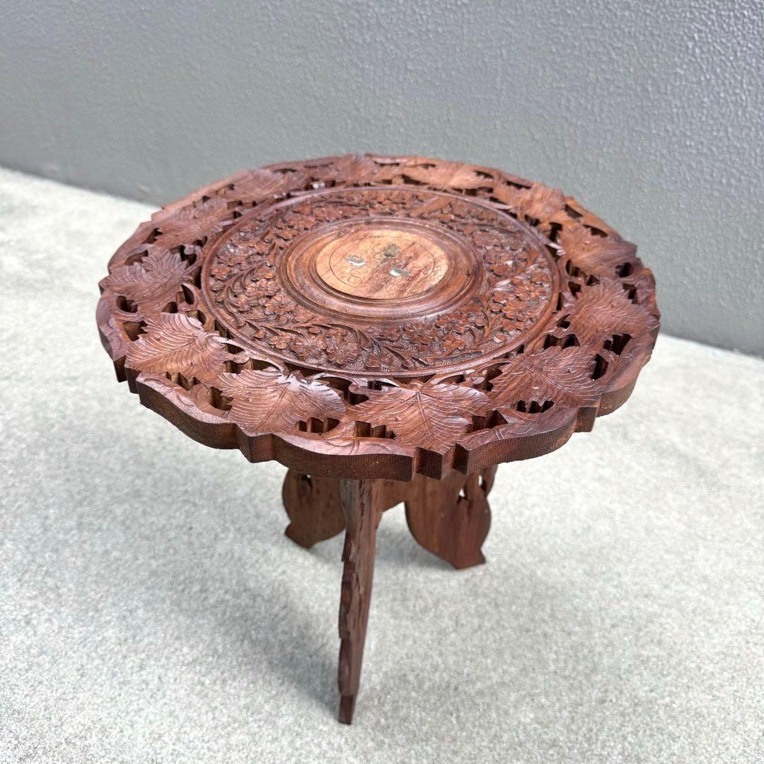 アンティーク 木製テーブル シーシャムウッド サイドテーブル ラウンド 彫刻