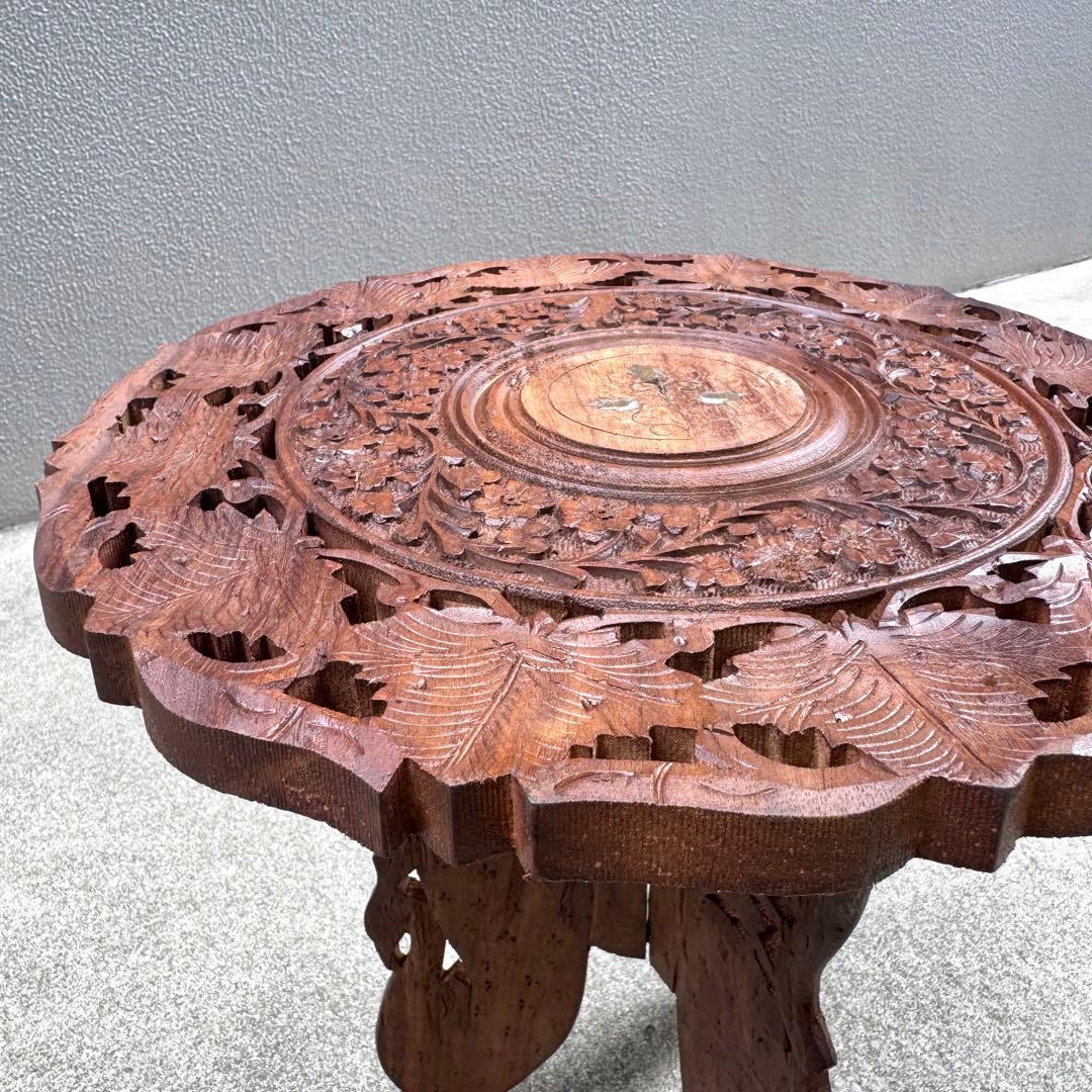 アンティーク 木製テーブル シーシャムウッド サイドテーブル ラウンド 彫刻