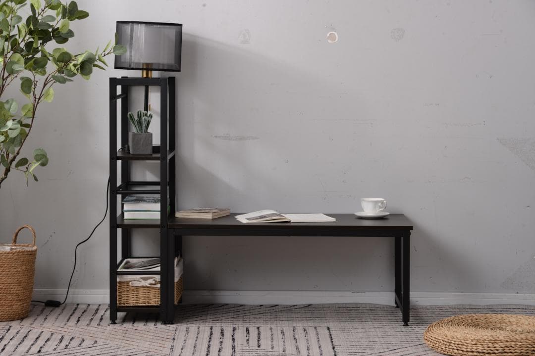 H型PCデスクロータイプ一体型ラック付きデスクワーク木製ブラウン