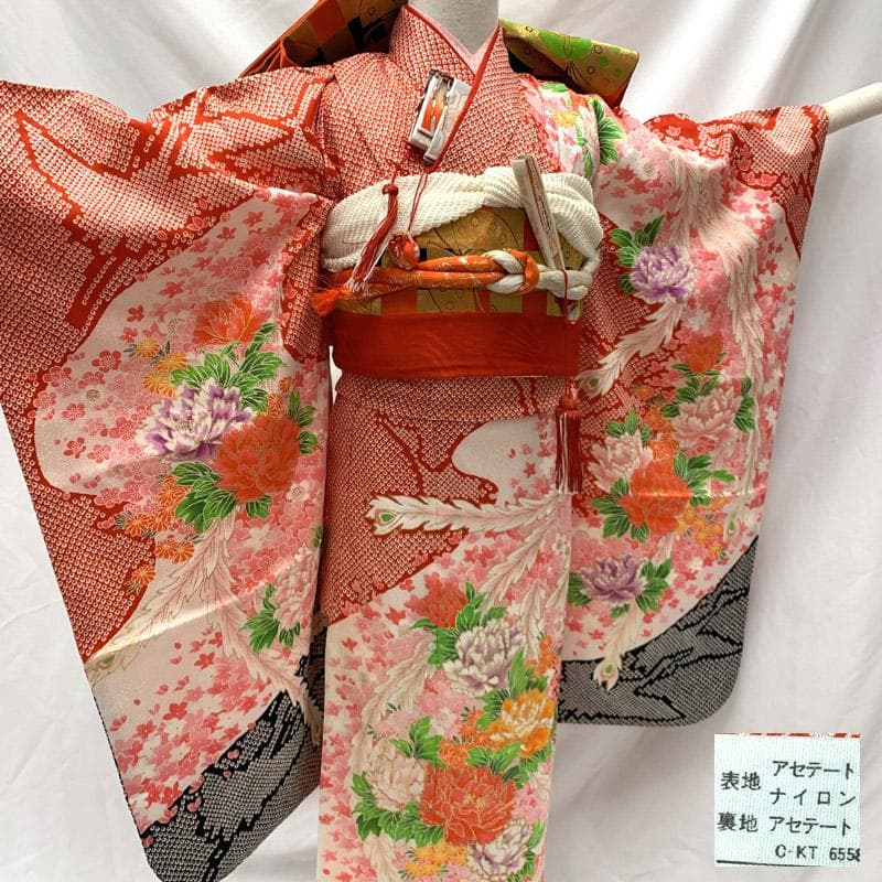 505ag18■七五三 七歳 女児 着物&袋帯&長襦袢 鹿の子 牡丹■状態良好