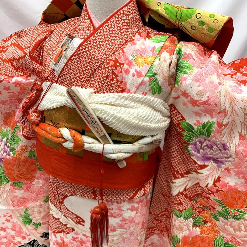 505ag18■七五三 七歳 女児 着物&袋帯&長襦袢 鹿の子 牡丹■状態良好