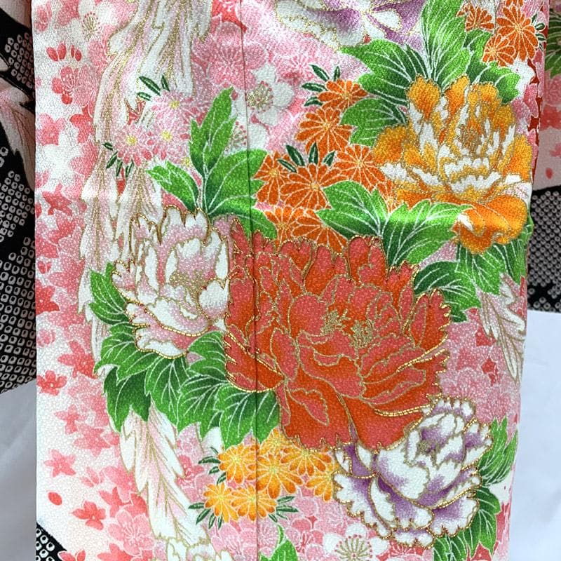 505ag18■七五三 七歳 女児 着物&袋帯&長襦袢 鹿の子 牡丹■状態良好