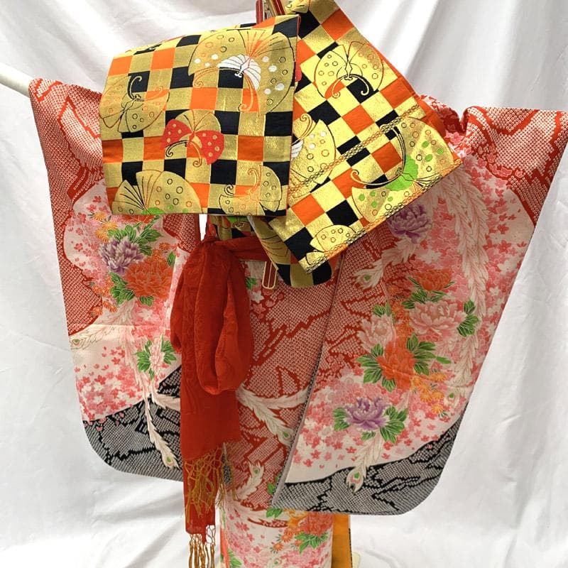 505ag18■七五三 七歳 女児 着物&袋帯&長襦袢 鹿の子 牡丹■状態良好