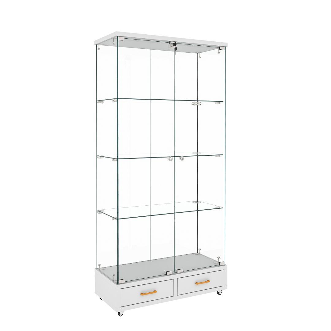 【ホワイト】 LED照明・引出し付 ガラス収納キャビネット4段 両開ドア