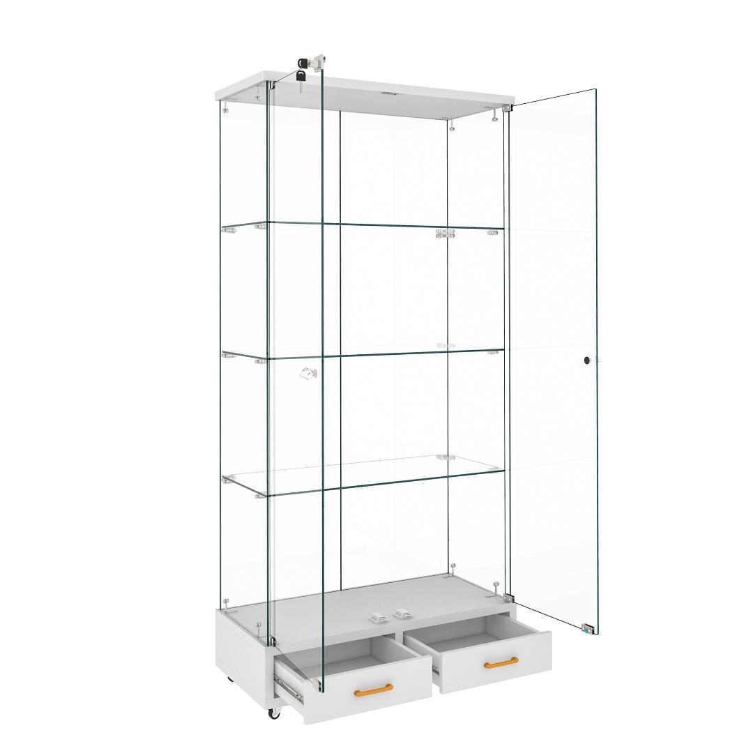 【ホワイト】 LED照明・引出し付 ガラス収納キャビネット4段 両開ドア