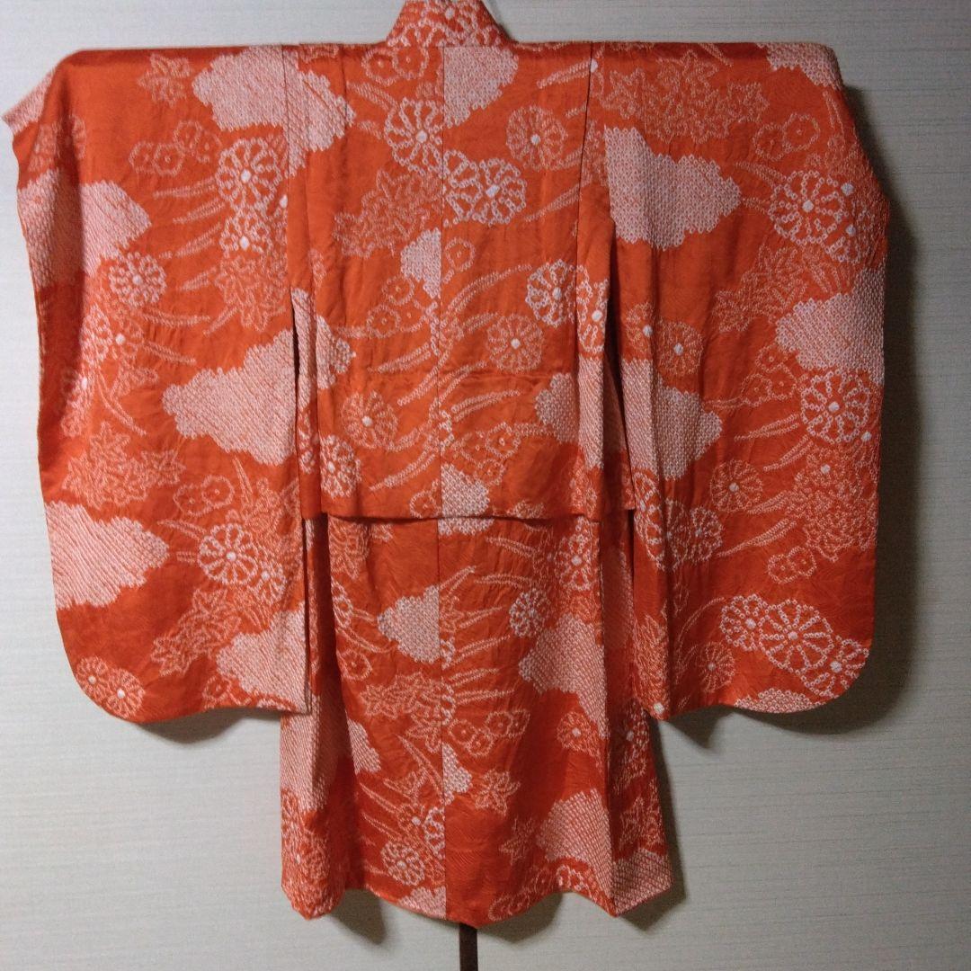 七五三 3歳 長着＆長襦袢 花柄 オレンジ 絞り正絹