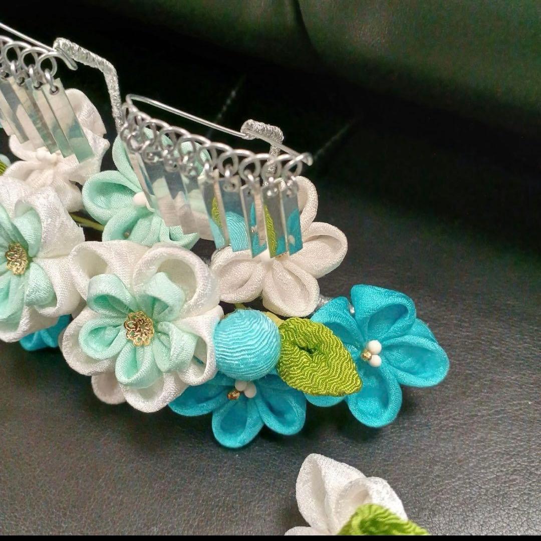 新品【七五三】髪飾り　勝山かんざし　簪　つまみ細工　水色系