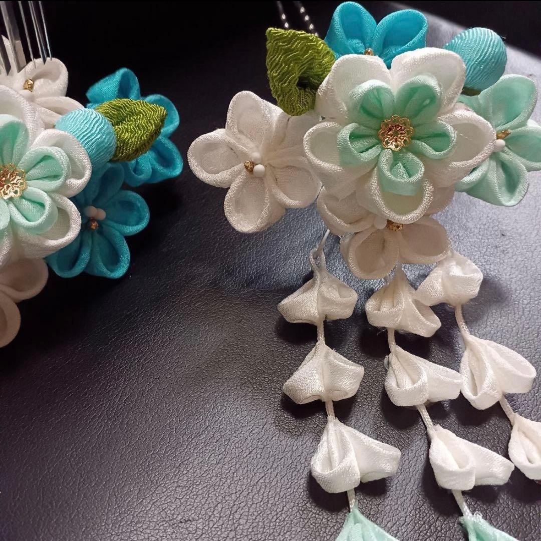 新品【七五三】髪飾り　勝山かんざし　簪　つまみ細工　水色系