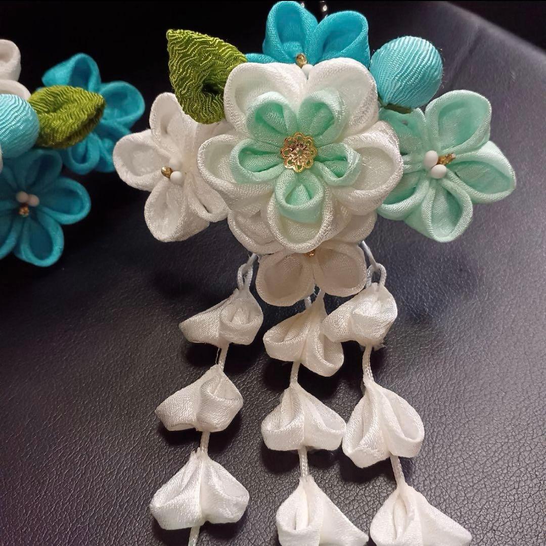 新品【七五三】髪飾り　勝山かんざし　簪　つまみ細工　水色系