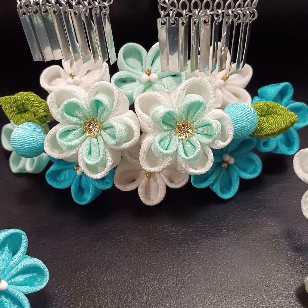 新品【七五三】髪飾り　勝山かんざし　簪　つまみ細工　水色系