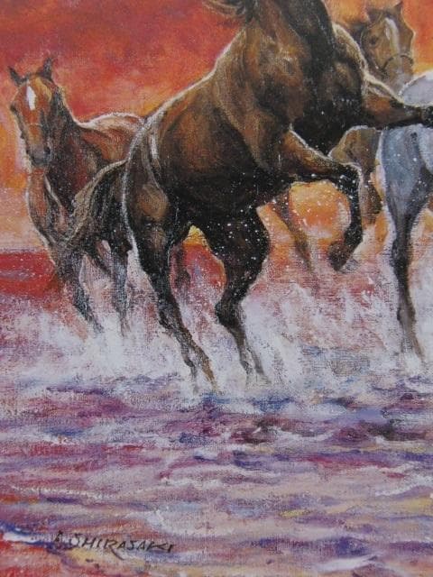 白崎明、【斜光走駒】、希少な大判額装用画集より、美品、日本人画家、新品額装付