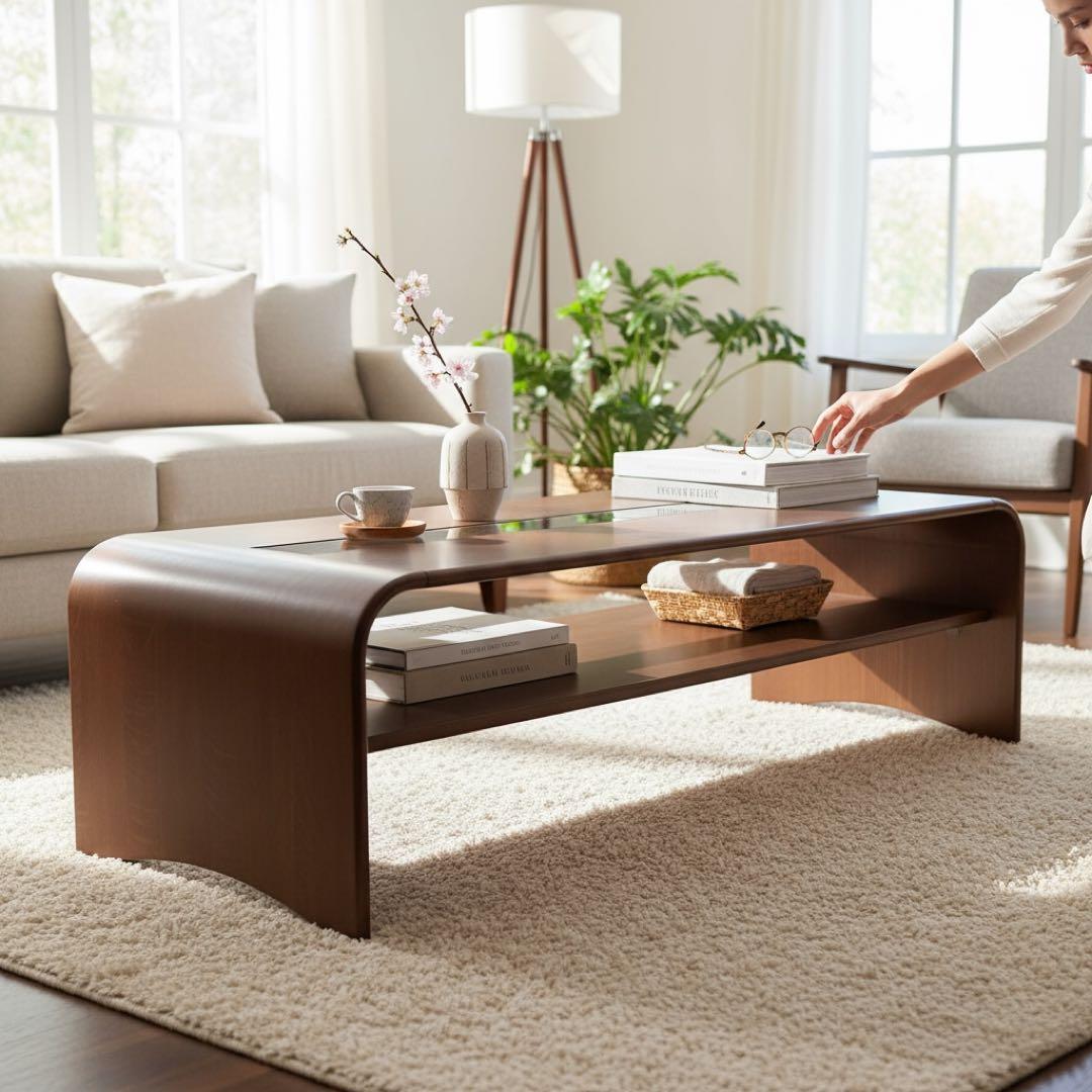 カリモク家具 リビングテーブル ガラス天板 135cm 曲木 センターテーブル