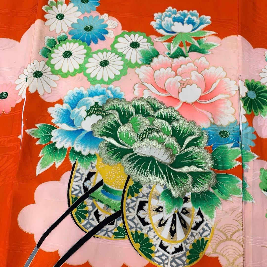 509agu34□七五三 三歳 セミアンティーク 女児 着物のみ 花車□状態良好