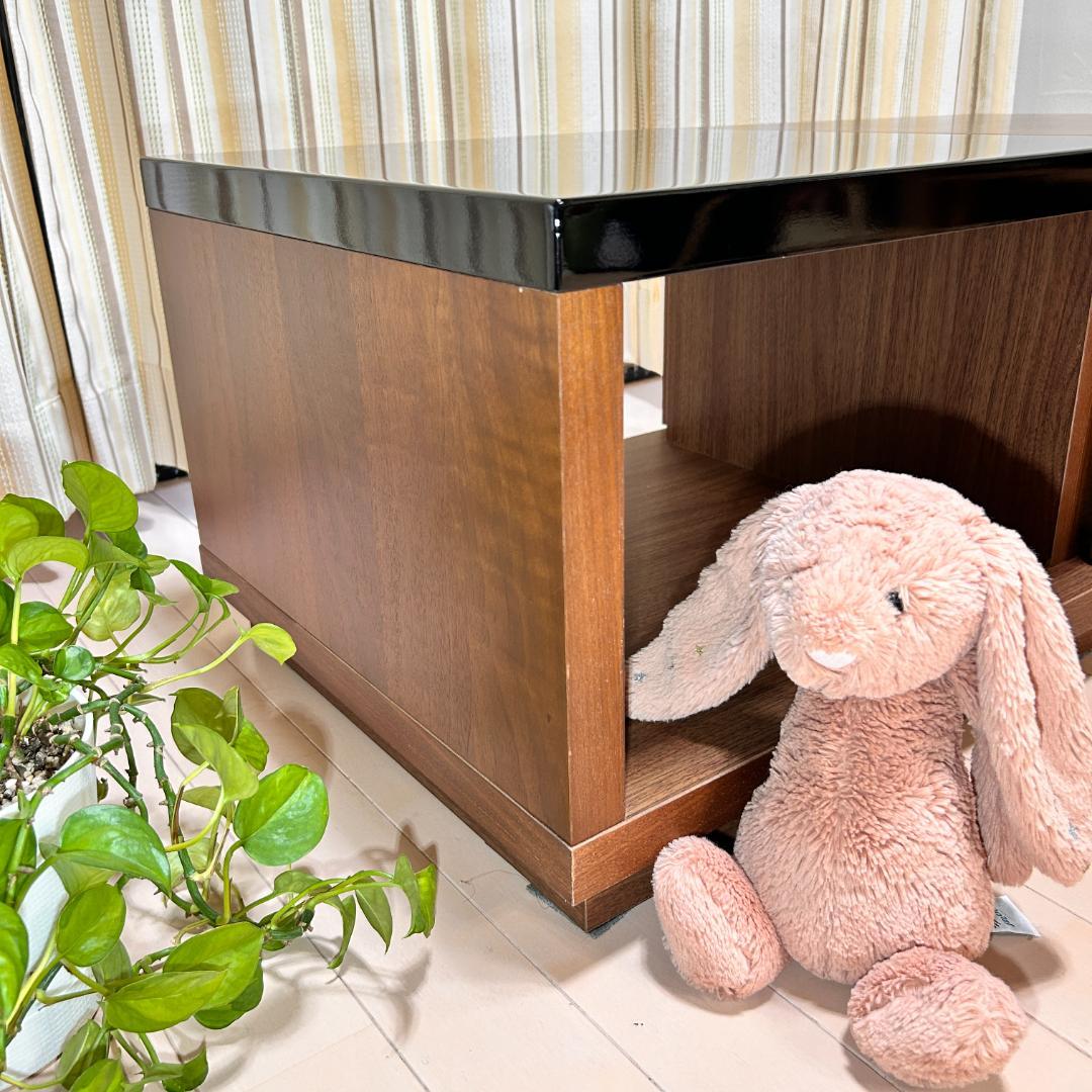 【美品】スライド収納付ローテーブル 幅90cm 木目×ガラス調天板 完成品