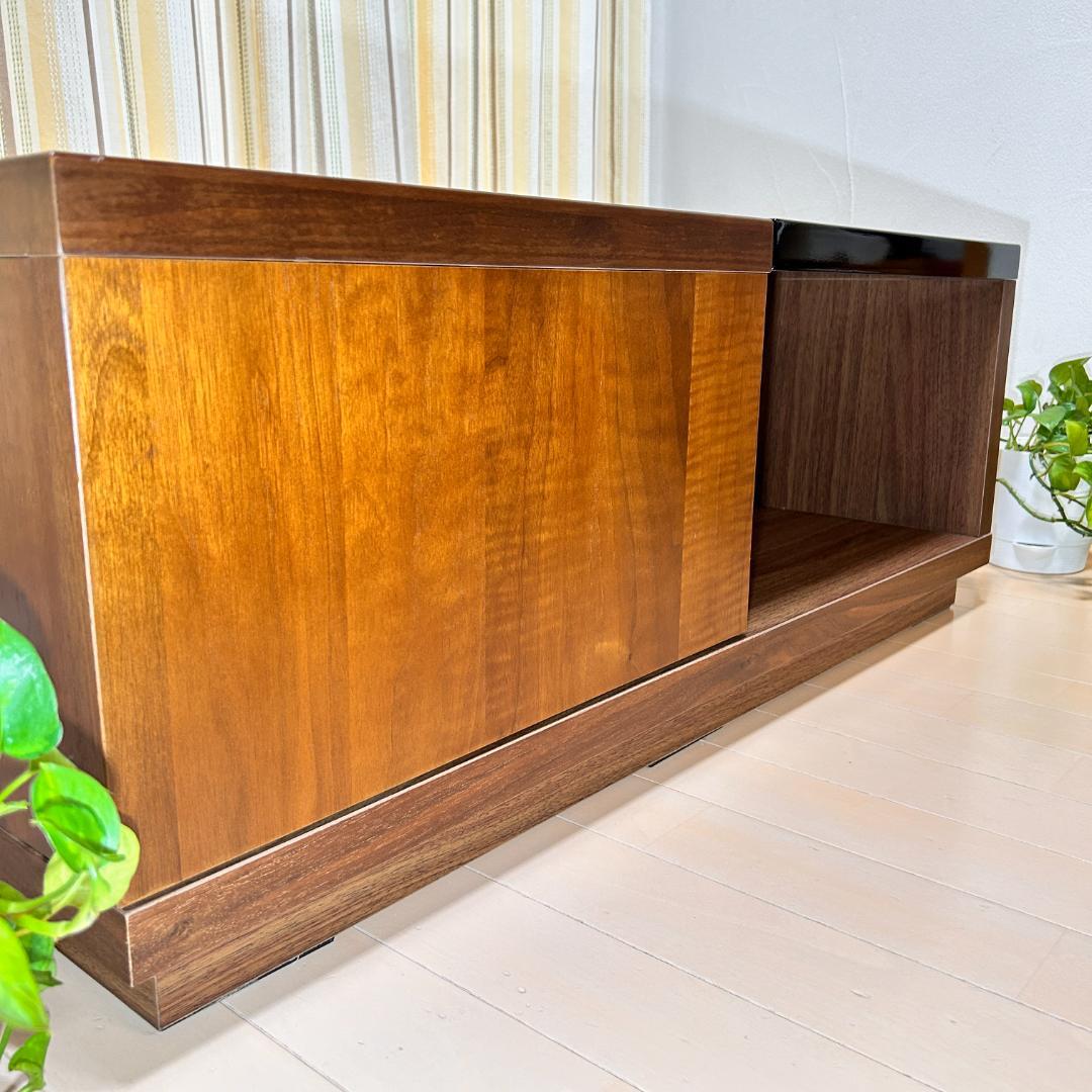 【美品】スライド収納付ローテーブル 幅90cm 木目×ガラス調天板 完成品