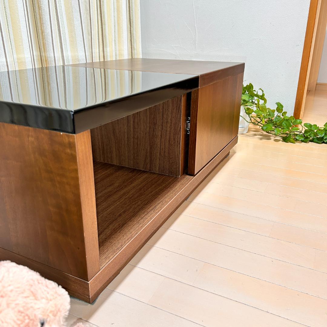 【美品】スライド収納付ローテーブル 幅90cm 木目×ガラス調天板 完成品