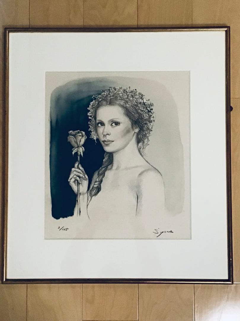 ◉真作保証◉洋画家 芝田米三◉バラを持つ少女◉70×62cm◉￼リトグラフ◉