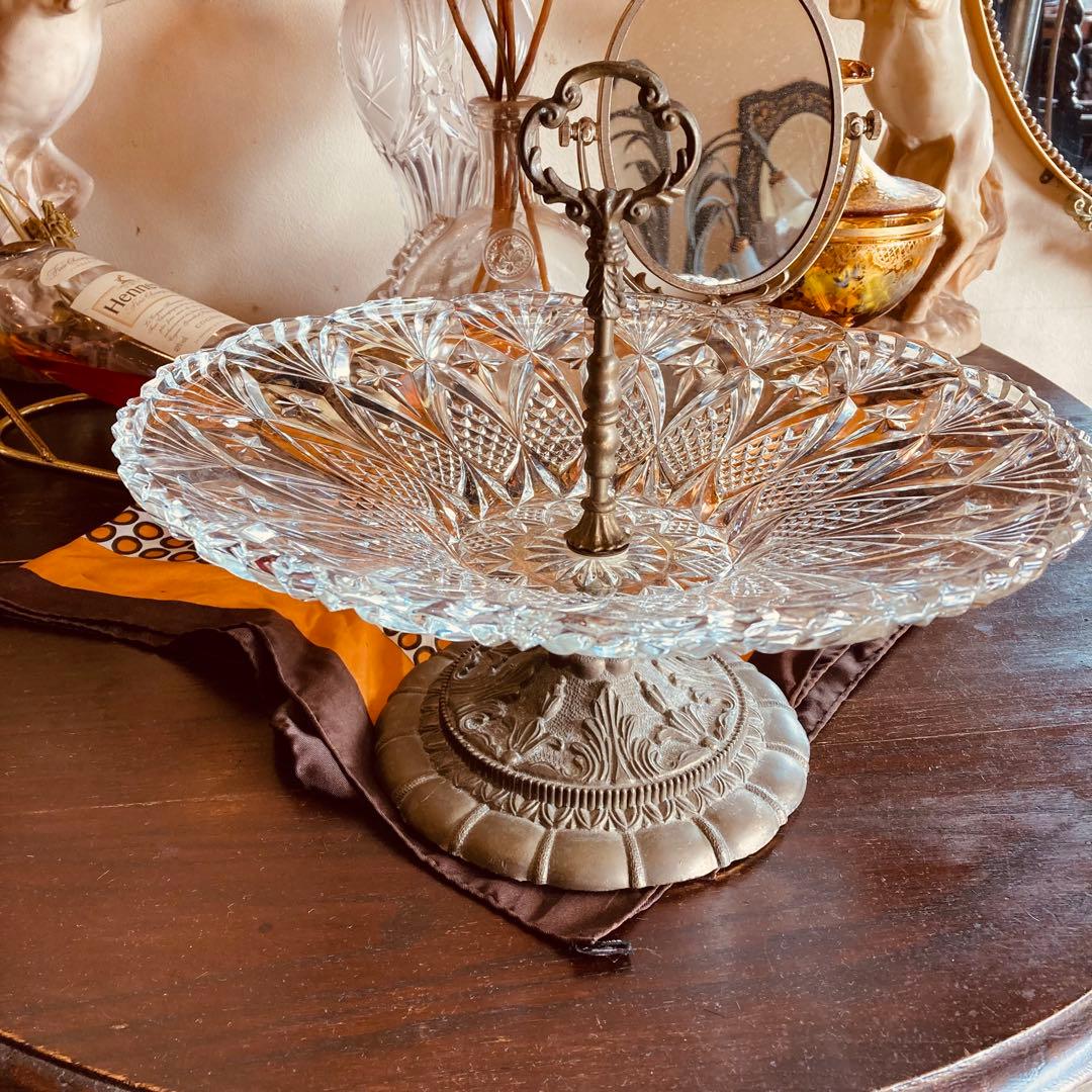 湯布院アンティーク イタリア クリスタルガラス キャンディフルーツ トレイ 真鍮