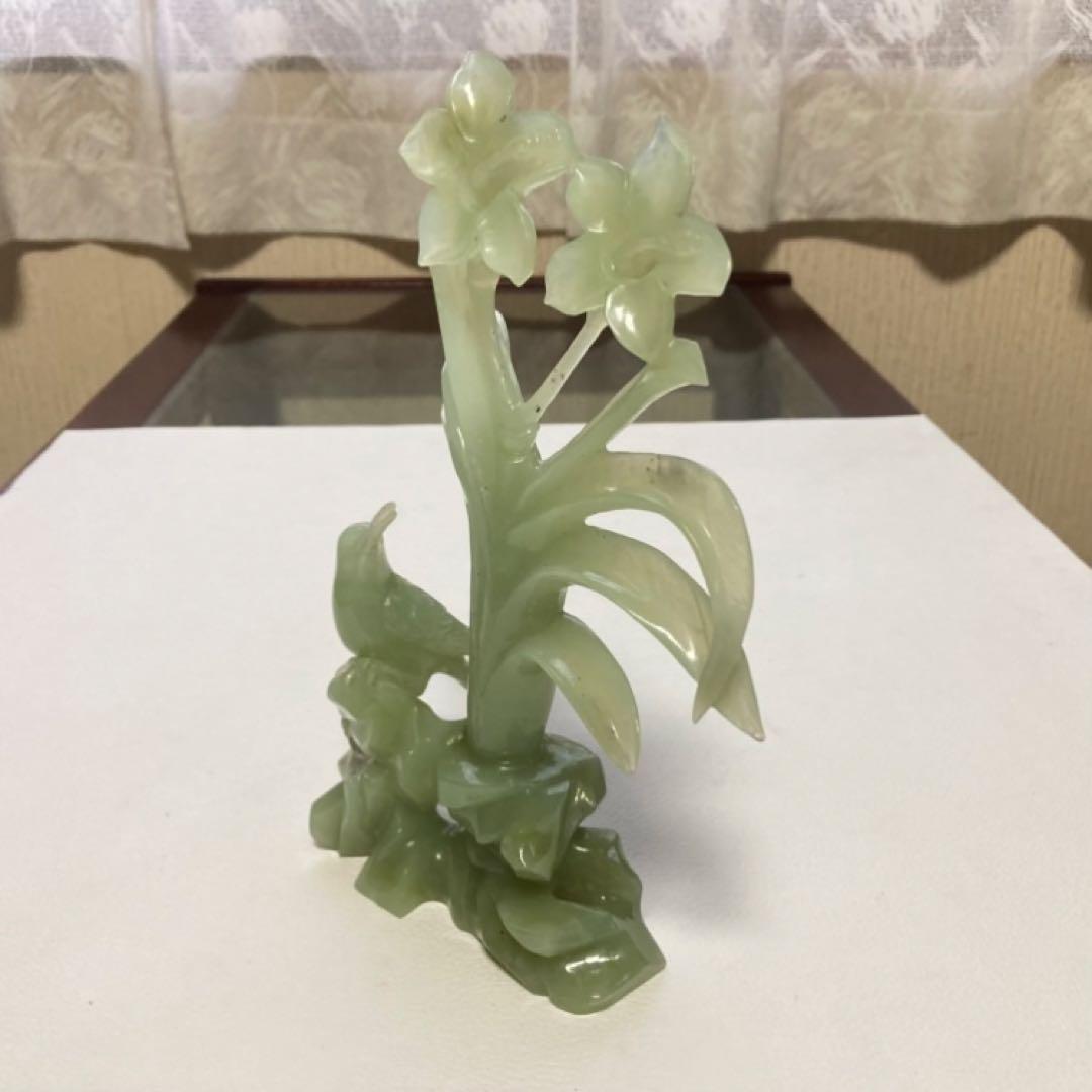 翡翠 置物 オブジェ 花 鳥 彫刻 工芸品 美術品 骨董 レトロ