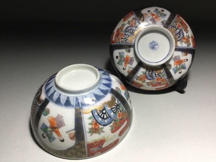 古伊万里◇雛人形文 / 蓋茶碗5客◇染錦 立雛 雛道具