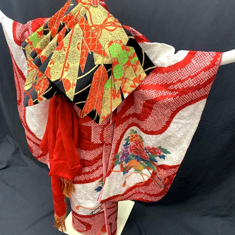 512ag35□七五三 七歳 女児 着物&袋帯 花車 絞染め 白赤□状態良好