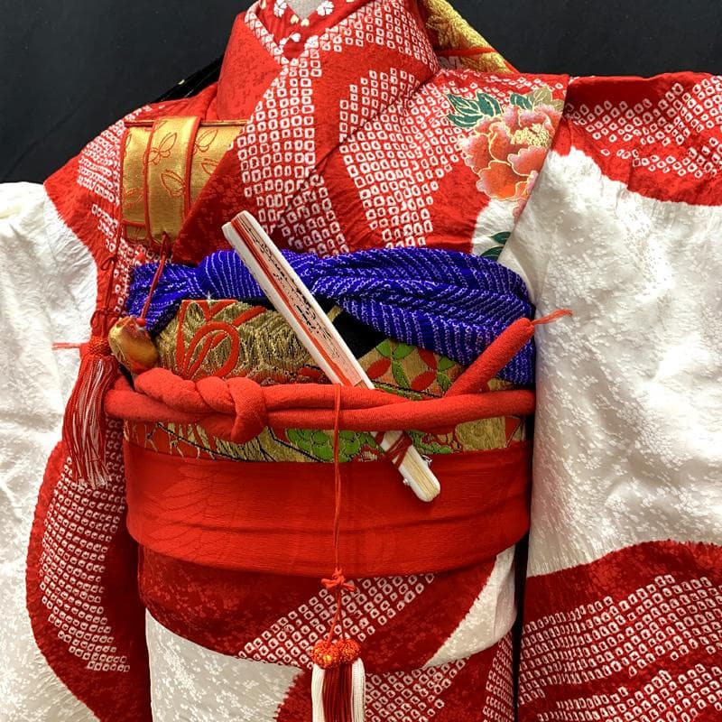 512ag35□七五三 七歳 女児 着物&袋帯 花車 絞染め 白赤□状態良好