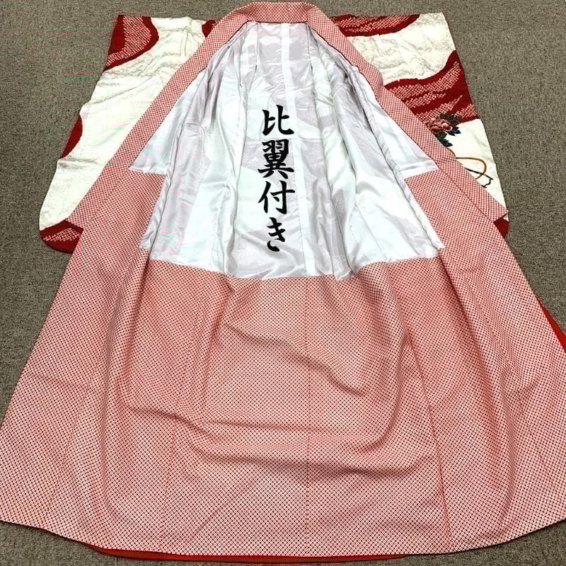 512ag35□七五三 七歳 女児 着物&袋帯 花車 絞染め 白赤□状態良好