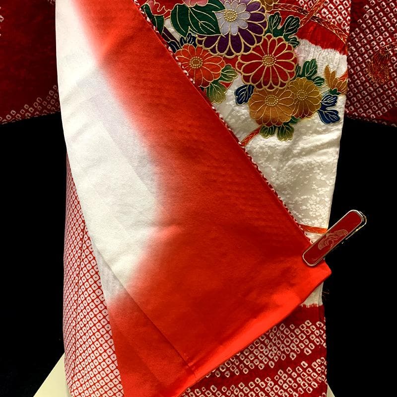 512ag35□七五三 七歳 女児 着物&袋帯 花車 絞染め 白赤□状態良好