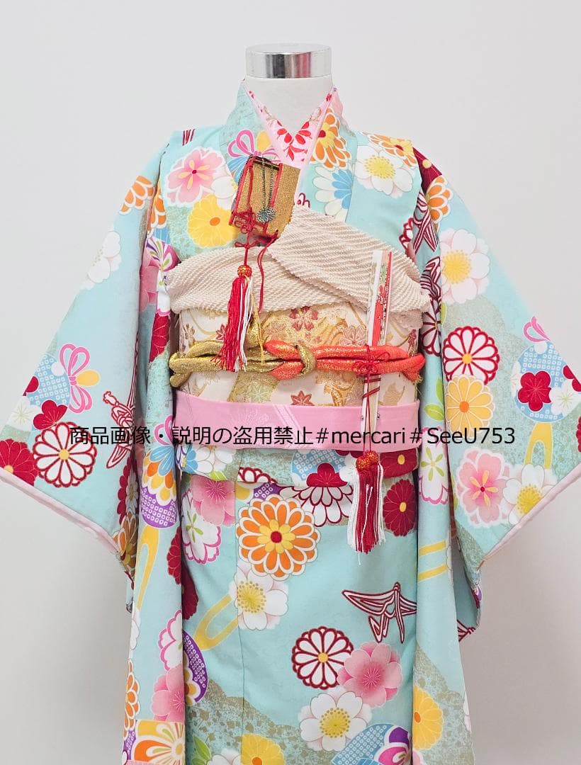 七五三　5歳～　水色　着物　フルセット　女の子 d05