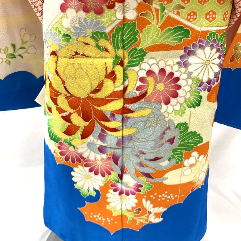 509ag39■七五三 三歳 女児 着物&被布&長襦袢 菊 牡丹 笠松■良好