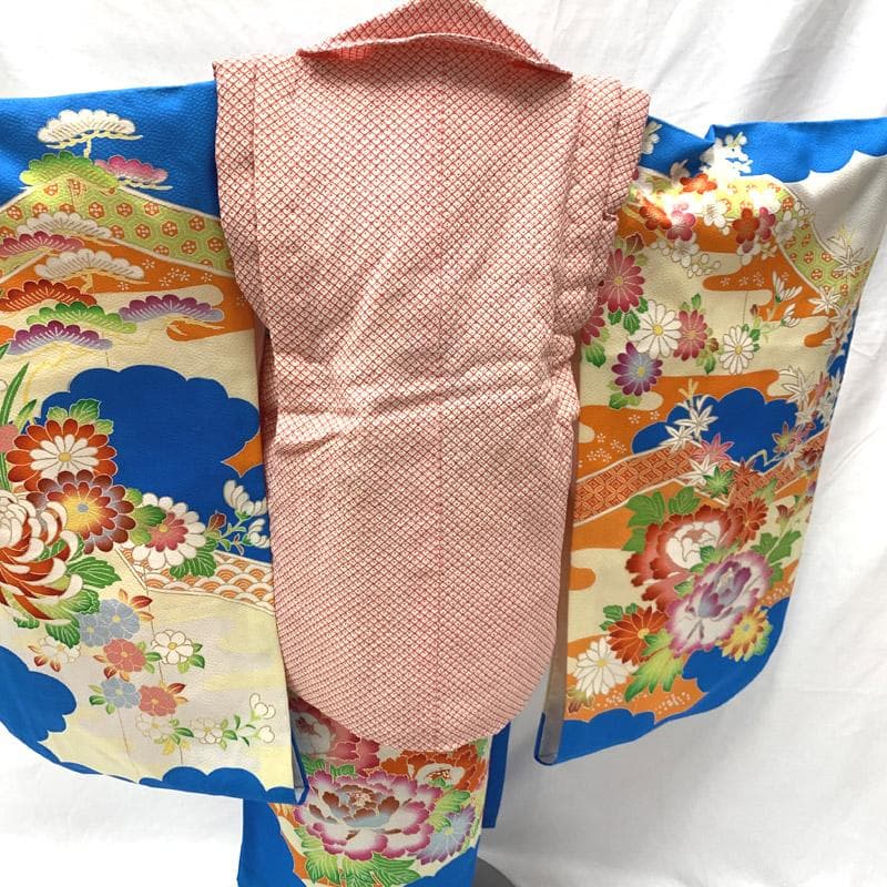 509ag39■七五三 三歳 女児 着物&被布&長襦袢 菊 牡丹 笠松■良好