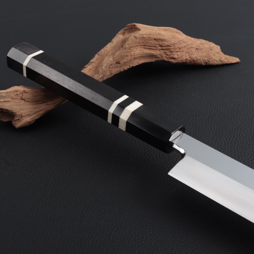 8402柳刃包丁尺一鏡面仕上げ刺身包丁刃は究極の切れ味 黒檀黒水牛白三本巻八角柄