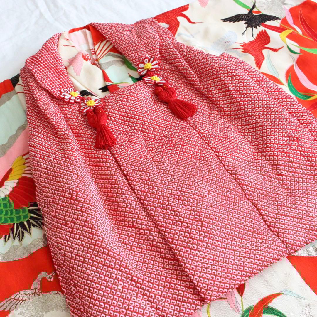 七五三 3歳 女の子 子供 アンティーク 鶴 着物 総絞り 被布 セット