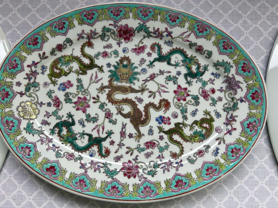 希少　中国景徳鎮09 オーバル皿　2種４枚セット 楕円皿　パーティ皿　花龍　手描