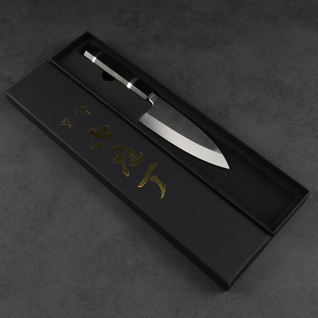 6943 出刃包丁 5寸 刺身包丁 本出刃 和包丁 黒檀黒水牛角二本銀巻八角