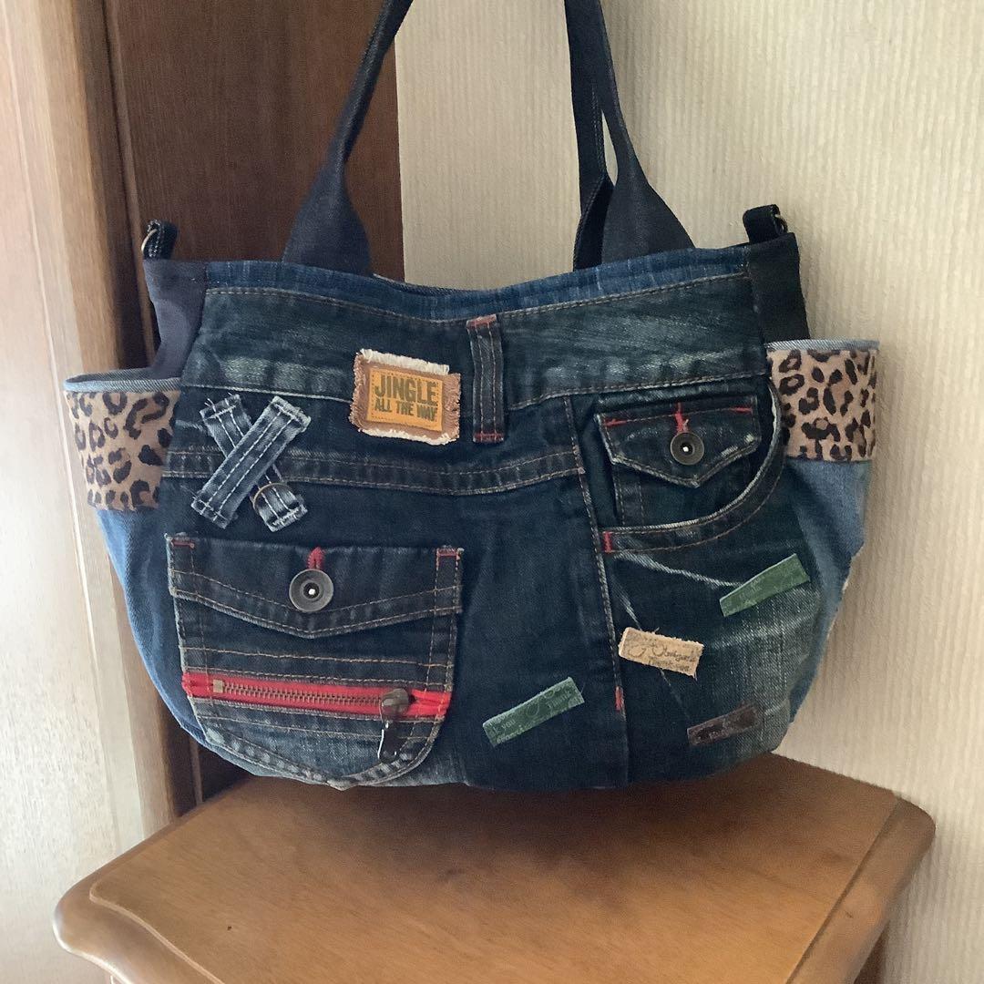 ハンドメイド リメイクデニム トートバッグ サイドポケット＆Dカン付き