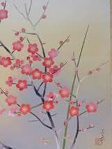 【真作】掛軸　五十棲子元　早春　桃色に咲く梅花とウグイスの共演　二重箱入　T89