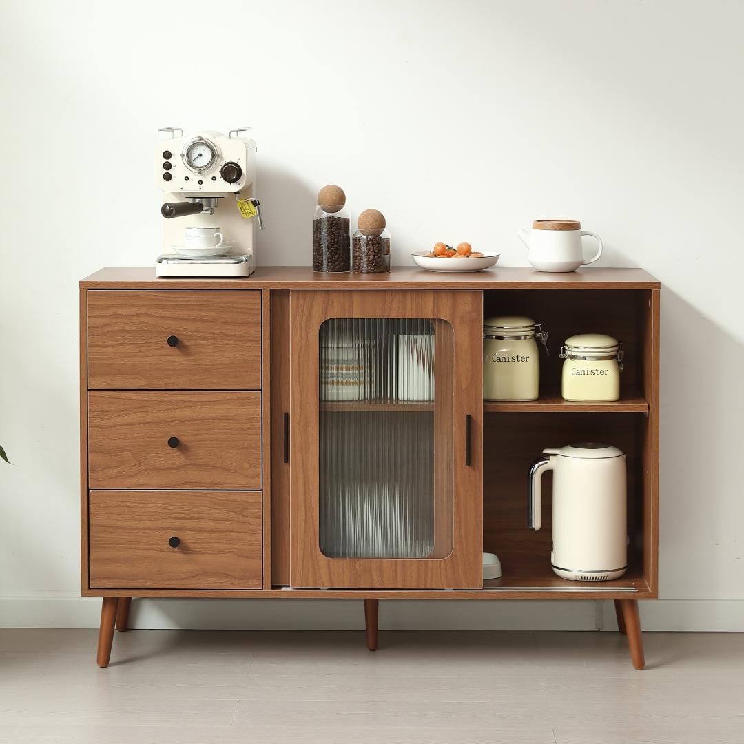 【ブラウン】 キャビネット サイドボード 食器棚 キッチンキャビネット 引出し付