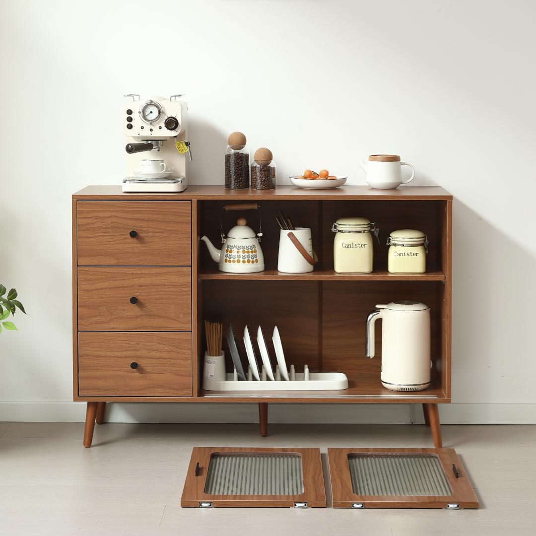 【ブラウン】 キャビネット サイドボード 食器棚 キッチンキャビネット 引出し付