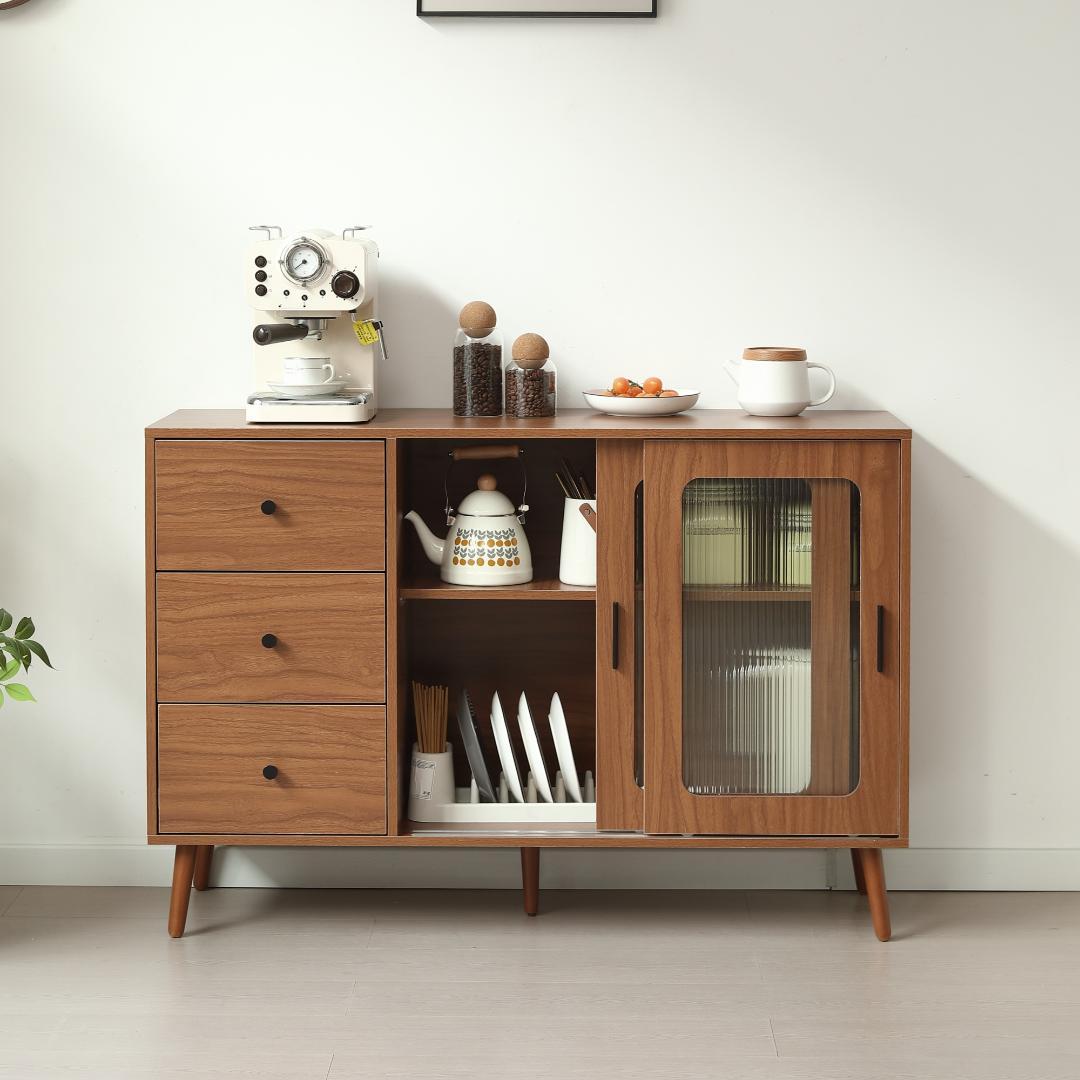 【ブラウン】 キャビネット サイドボード 食器棚 キッチンキャビネット 引出し付