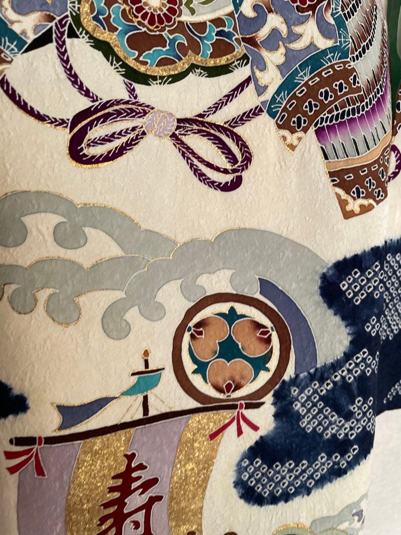 美品　絹　男の子　七五三用 お宮参り　結婚式　紺色の宝船と波模様と兜の刺繍　着物