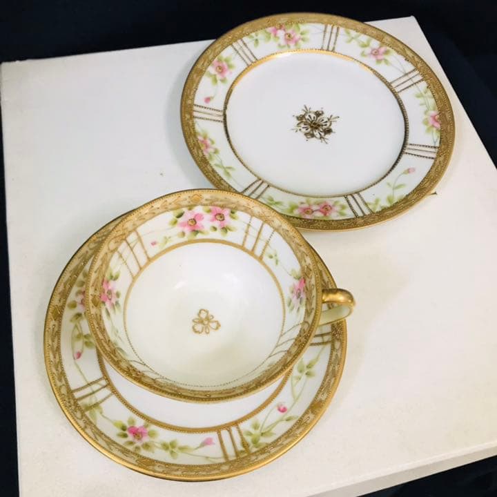 オールドノリタケ 薔薇ガーランド　金盛　トリオ