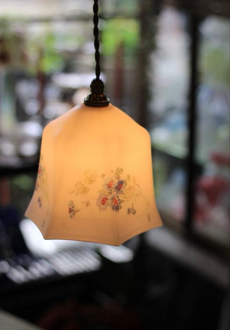 イギリス 矢車草のハンドプリント アンティーク ランプシェード