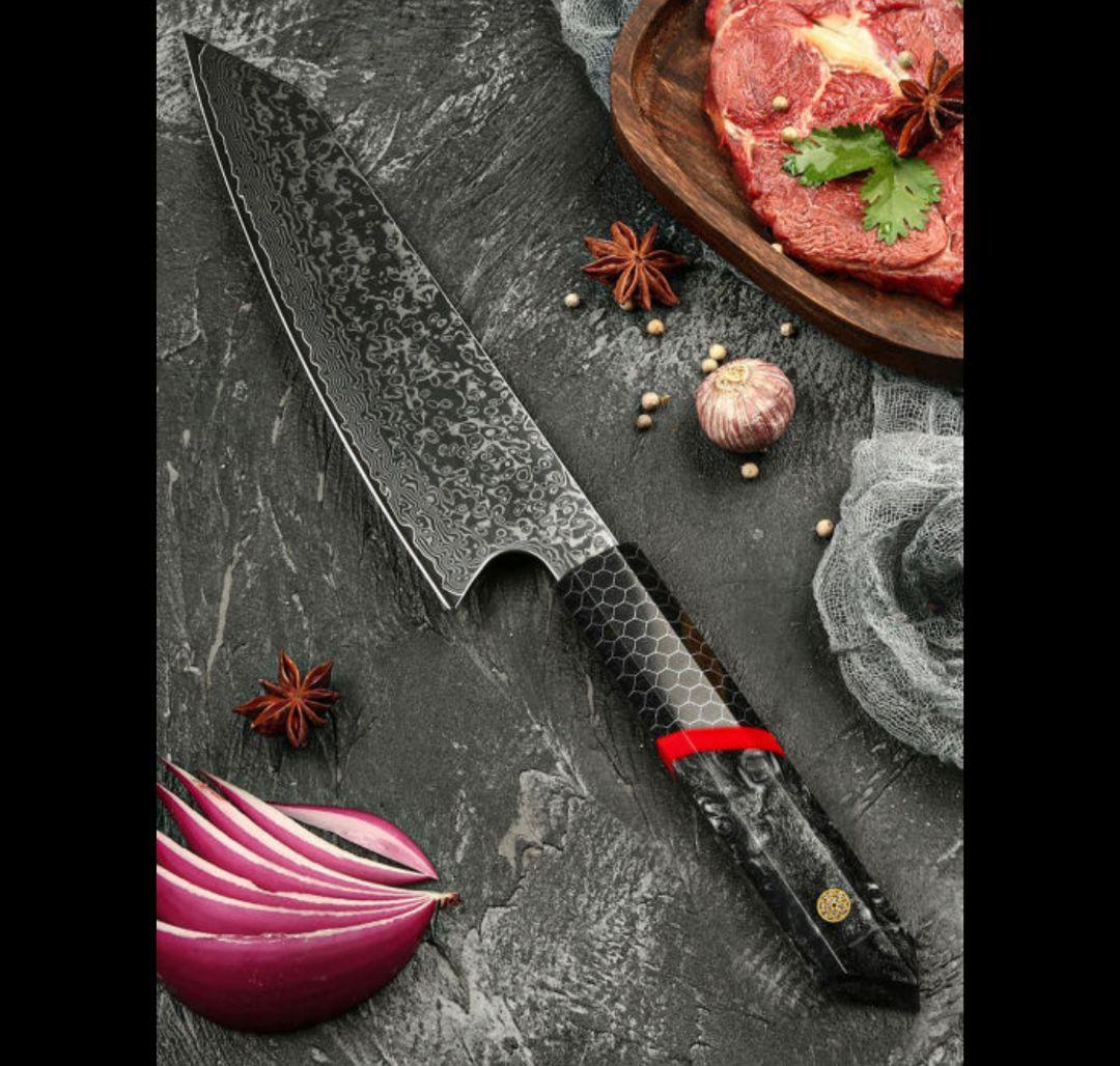 《新作》　V金10号　ダマスカス包丁　ハニカム模様　ブラック柄　剣型　牛刀　三徳