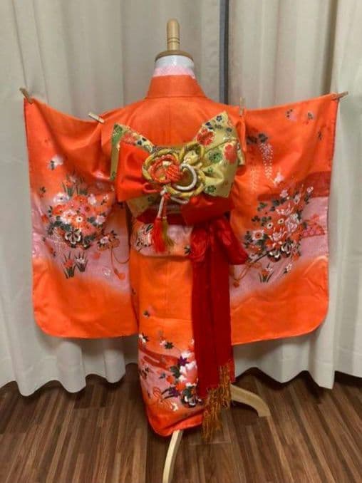 【オレンジ】七五三　3歳から5歳　帯　着物フルセット　女の子　朱色