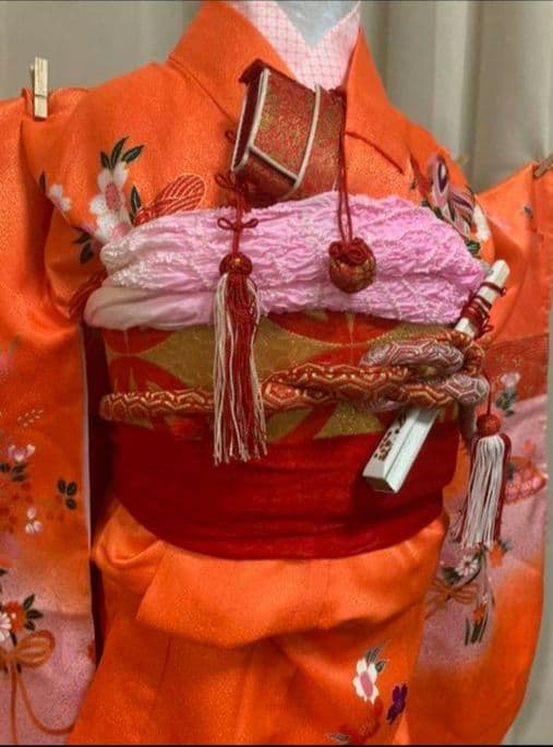 【オレンジ】七五三　3歳から5歳　帯　着物フルセット　女の子　朱色