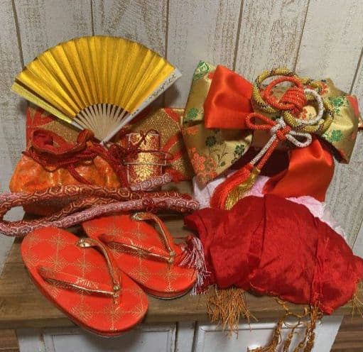 【オレンジ】七五三　3歳から5歳　帯　着物フルセット　女の子　朱色