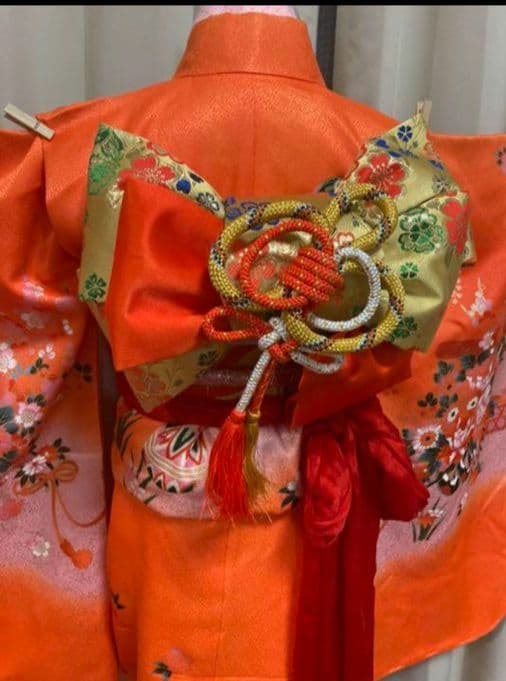 【オレンジ】七五三　3歳から5歳　帯　着物フルセット　女の子　朱色