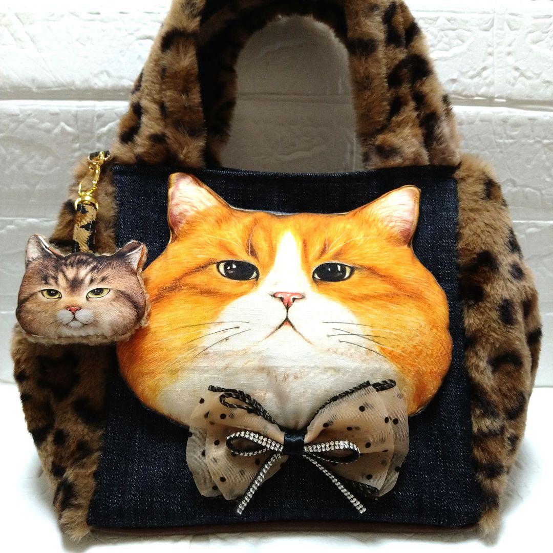 ね*】様 コヤンイサムチョン☆スクエアトートバッグ　デニム＆ヒョウ柄ボア　ふてに