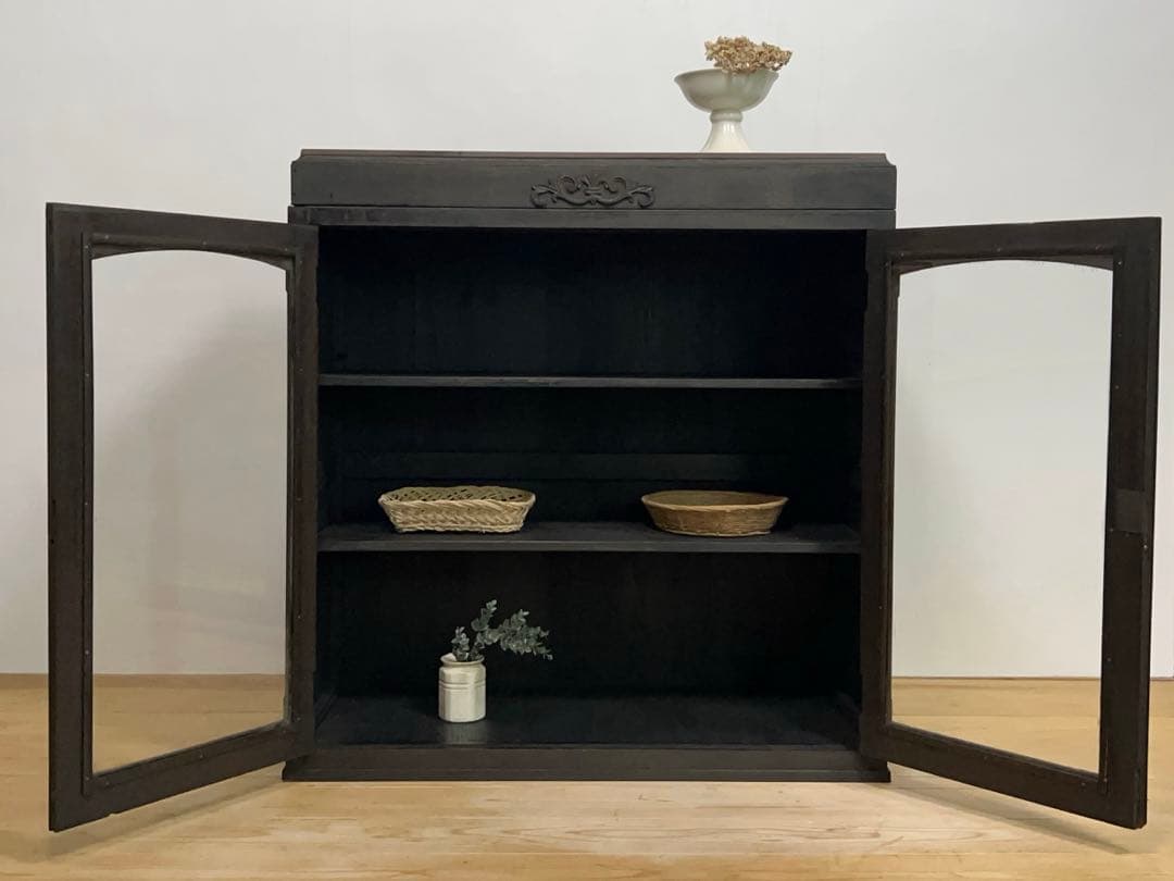 収納棚　ガラス棚　M077　古道具　古家具　ビンテージ　アンティーク　レトロ